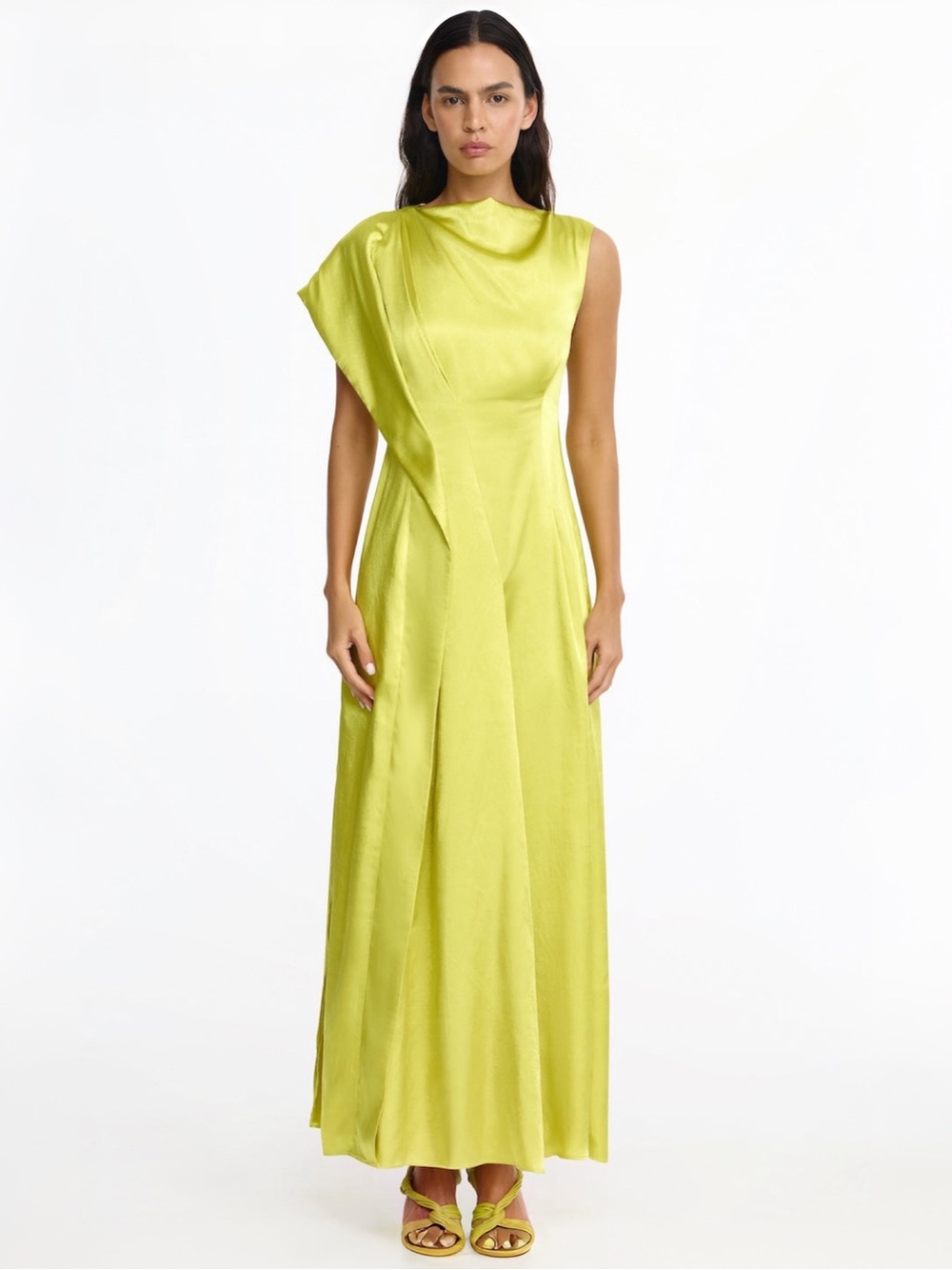 Acler Aroba One-Shoulder Crinkle Satin Gown Chartreuse Sz 8 MSRP $550 NEW